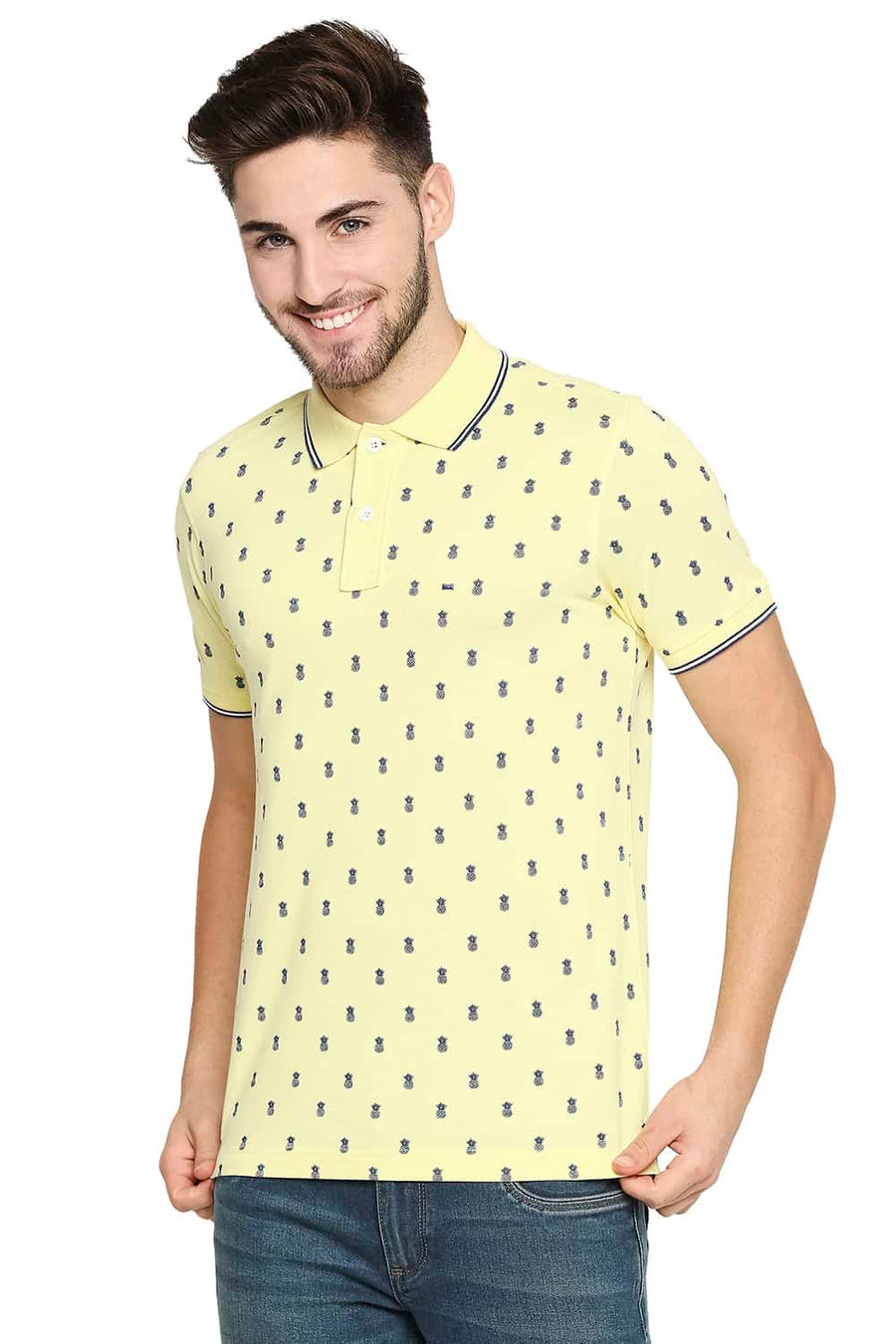 BASICS MUSCLE FIT YELLOW IRIS PRINTED POLO T-SHIRT