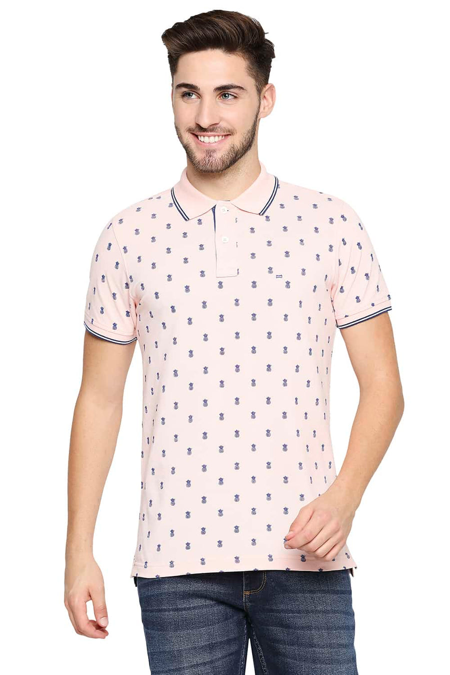 BASICS MUSCLE FIT GOSSAMER PINK PRINTED POLO T-SHIRT