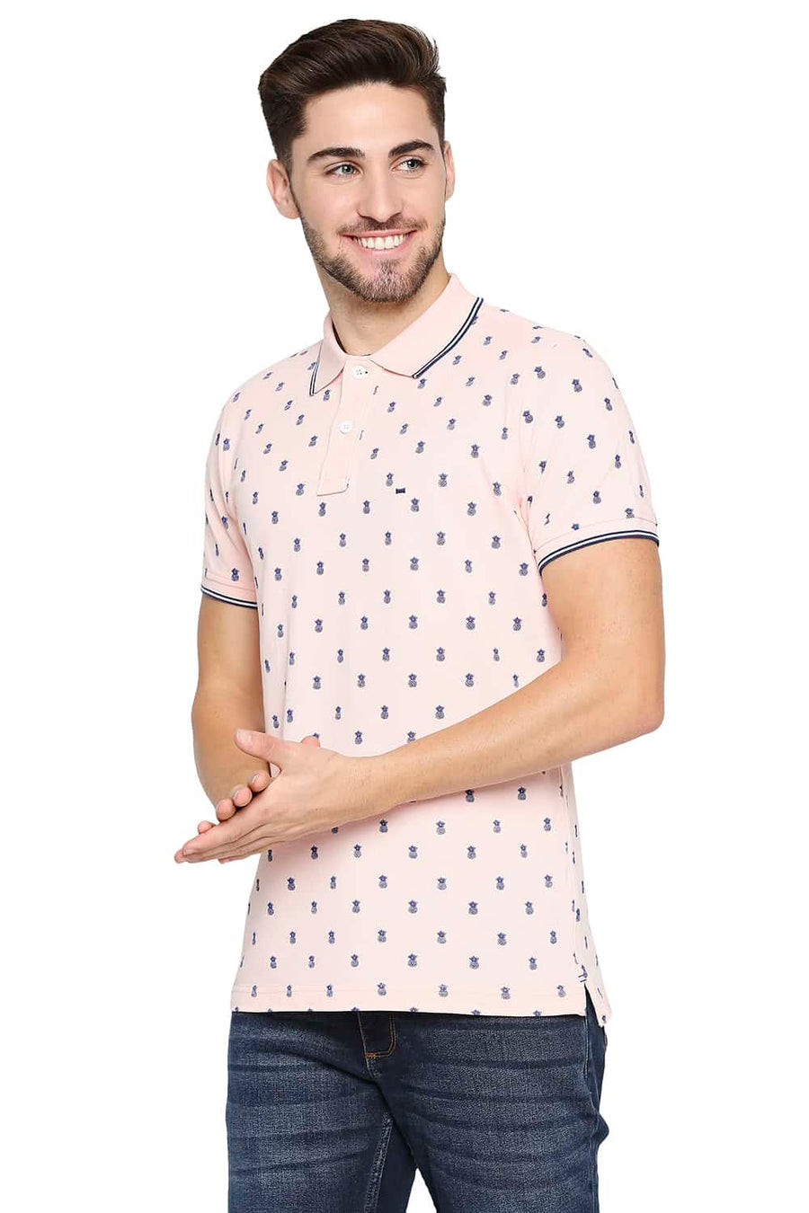 BASICS MUSCLE FIT GOSSAMER PINK PRINTED POLO T-SHIRT