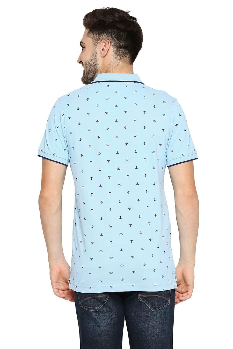 BASICS MUSCLE FIT AIRY BLUE PRINTED POLO T-SHIRT