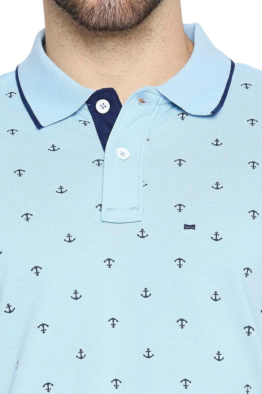 BASICS MUSCLE FIT AIRY BLUE PRINTED POLO T-SHIRT