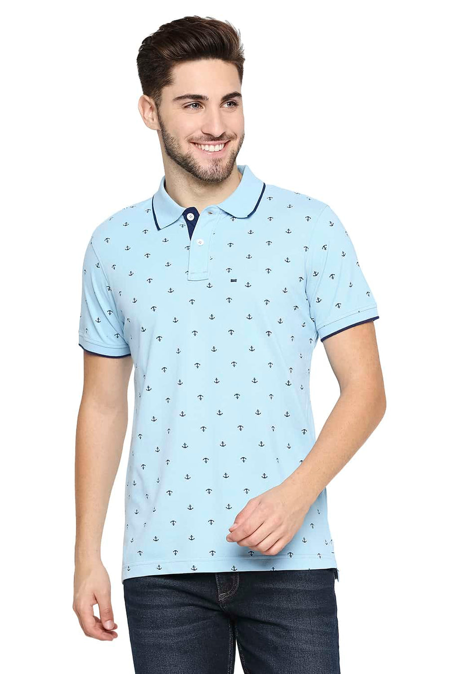 BASICS MUSCLE FIT AIRY BLUE PRINTED POLO T-SHIRT