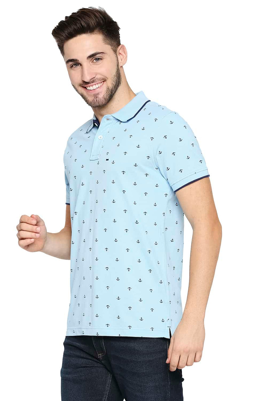 BASICS MUSCLE FIT AIRY BLUE PRINTED POLO T-SHIRT