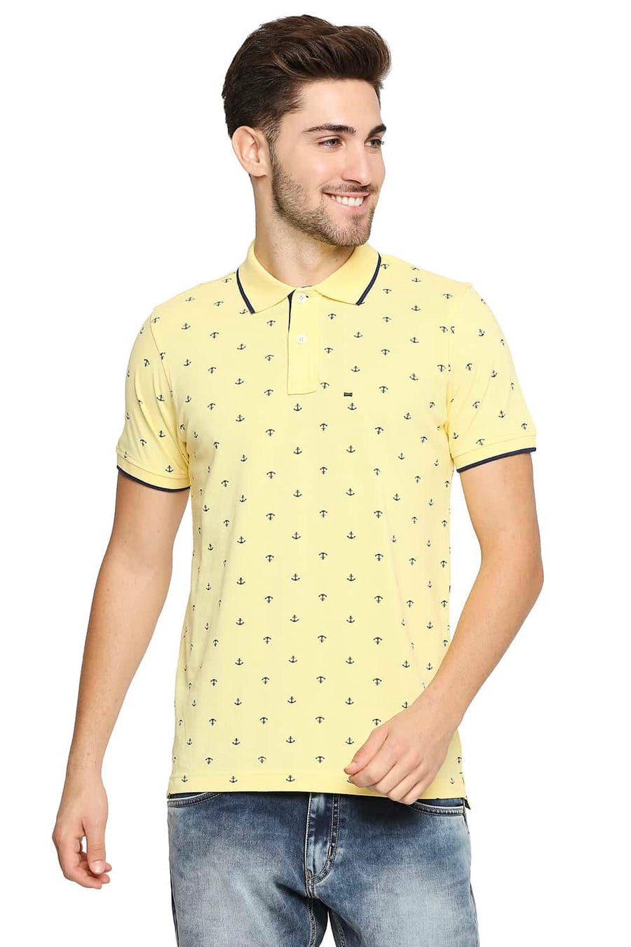 BASICS MUSCLE FIT SUNSHINE YELLOW PRINTED POLO T-SHIRT