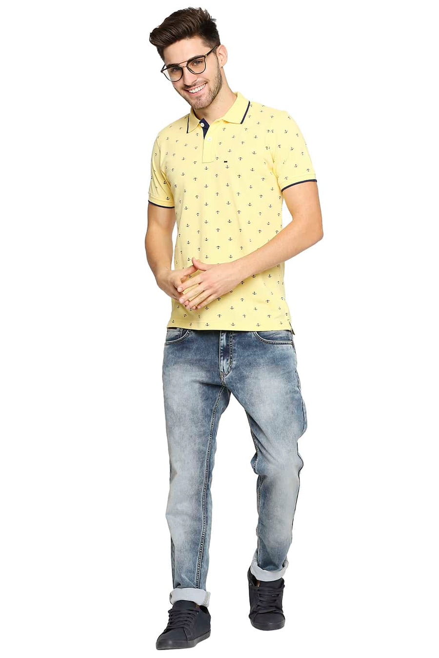 BASICS MUSCLE FIT SUNSHINE YELLOW PRINTED POLO T-SHIRT