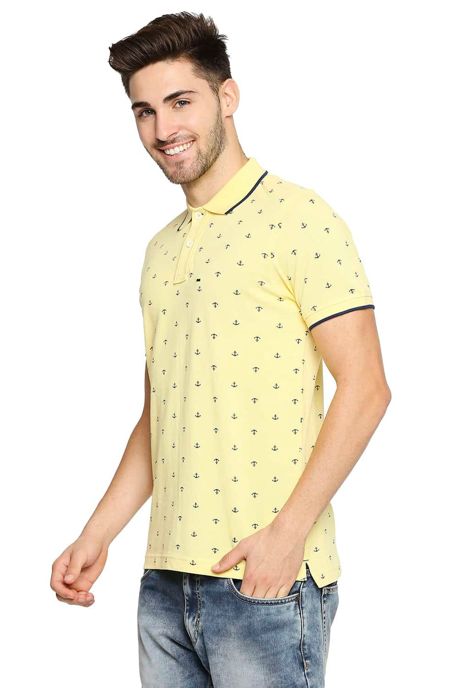 BASICS MUSCLE FIT SUNSHINE YELLOW PRINTED POLO T-SHIRT