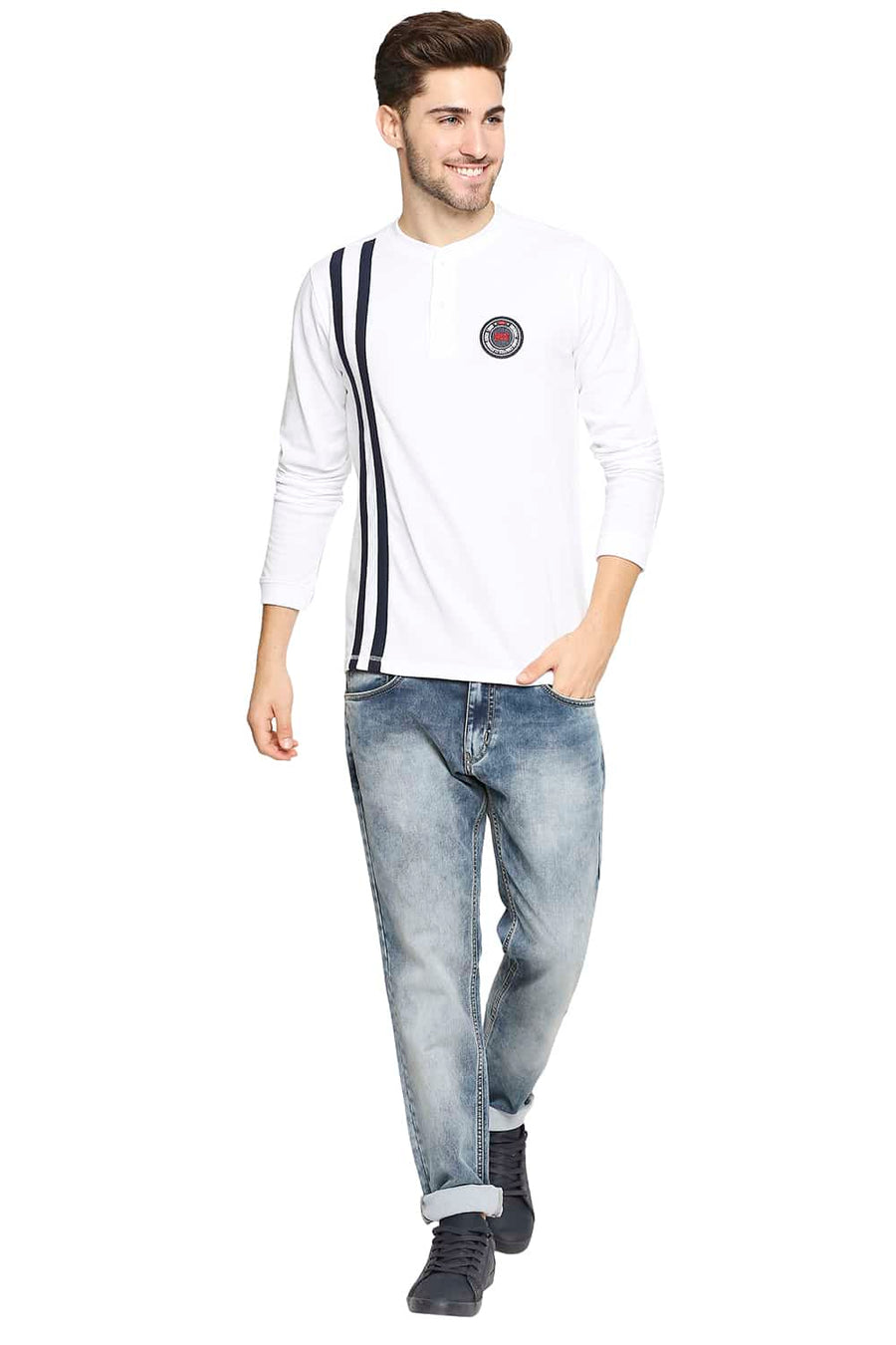 BASICS MUSCLE FIT BRIGHT WHITE HENLEY T-SHIRT