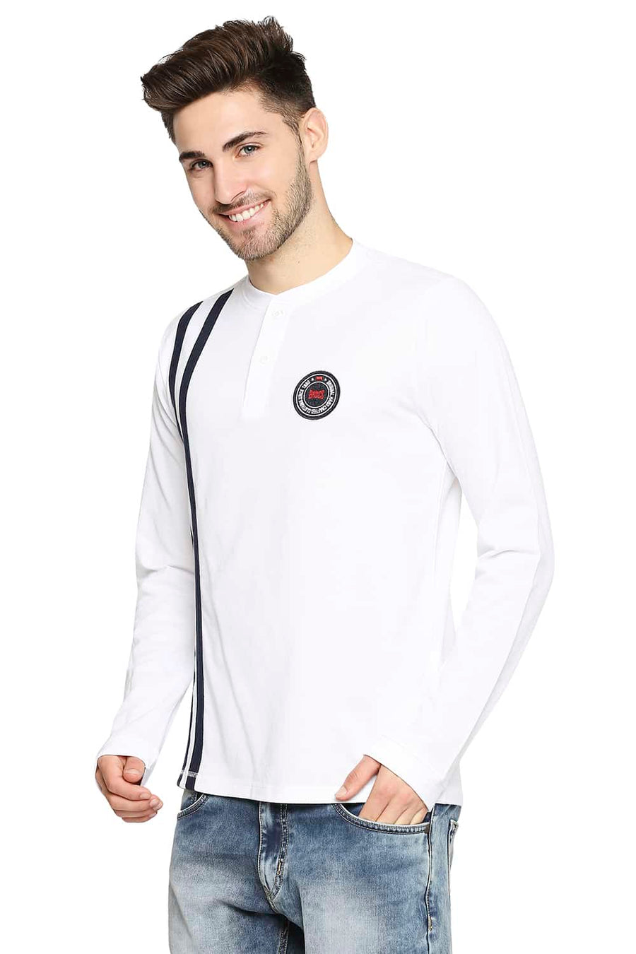 BASICS MUSCLE FIT BRIGHT WHITE HENLEY T-SHIRT