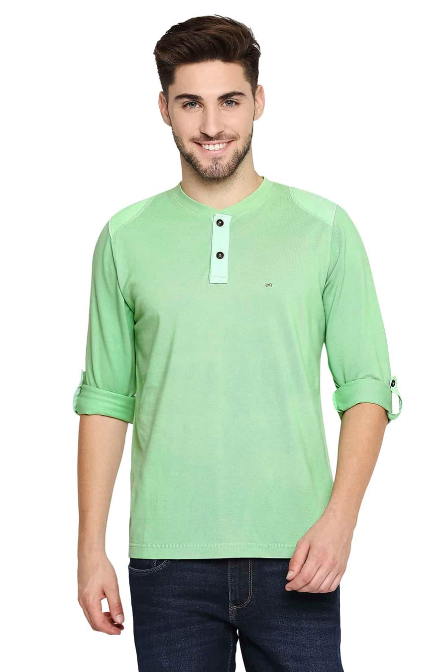 BASICS MUSCLE FIT JADESHEEN GREEN HENLEY T-SHIRT