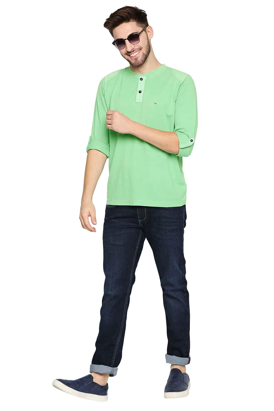 BASICS MUSCLE FIT JADESHEEN GREEN HENLEY T-SHIRT