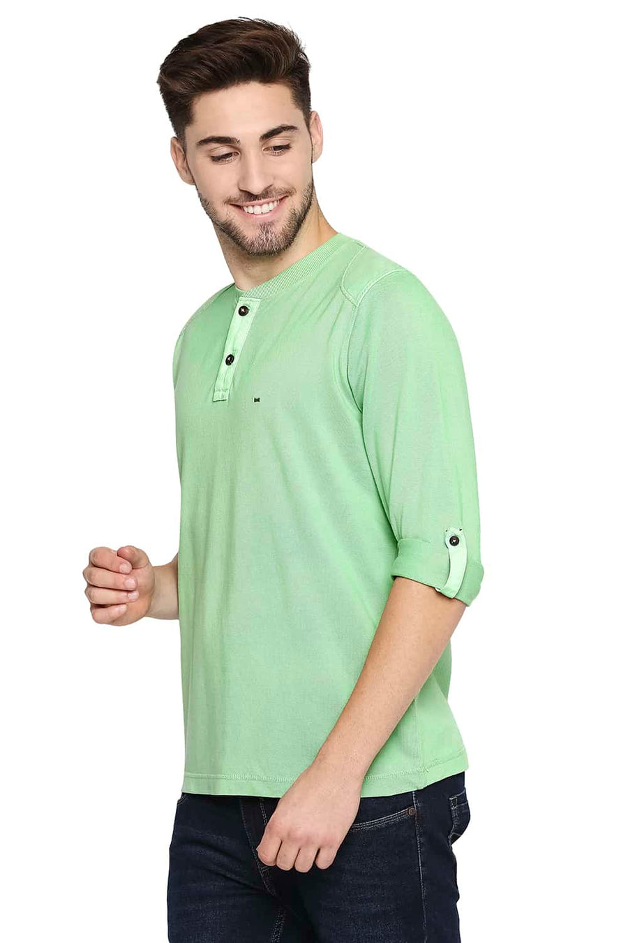 BASICS MUSCLE FIT JADESHEEN GREEN HENLEY T-SHIRT