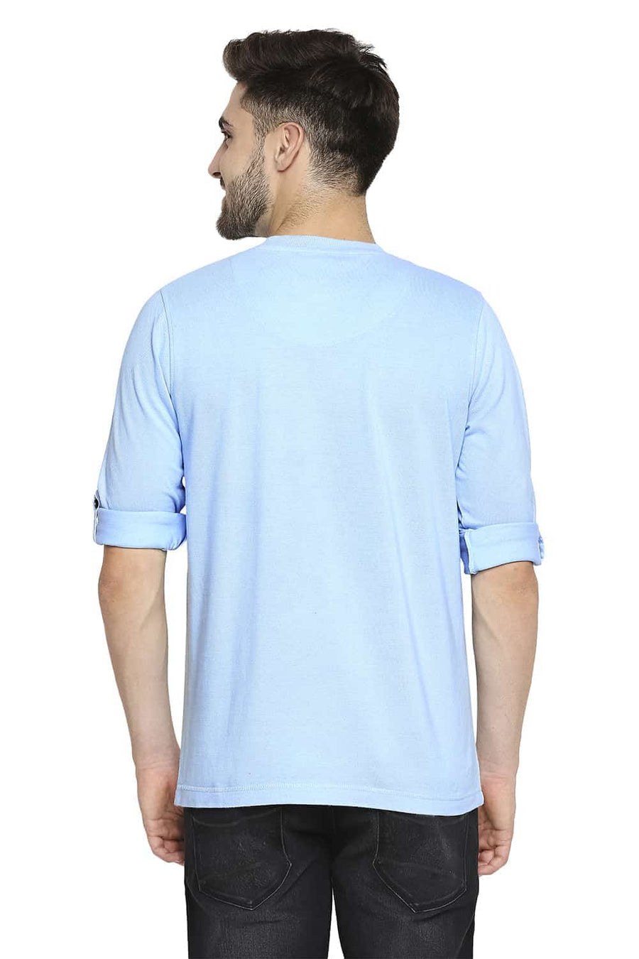 BASICS MUSCLE FIT PLACED BLUE HENLEY T-SHIRT