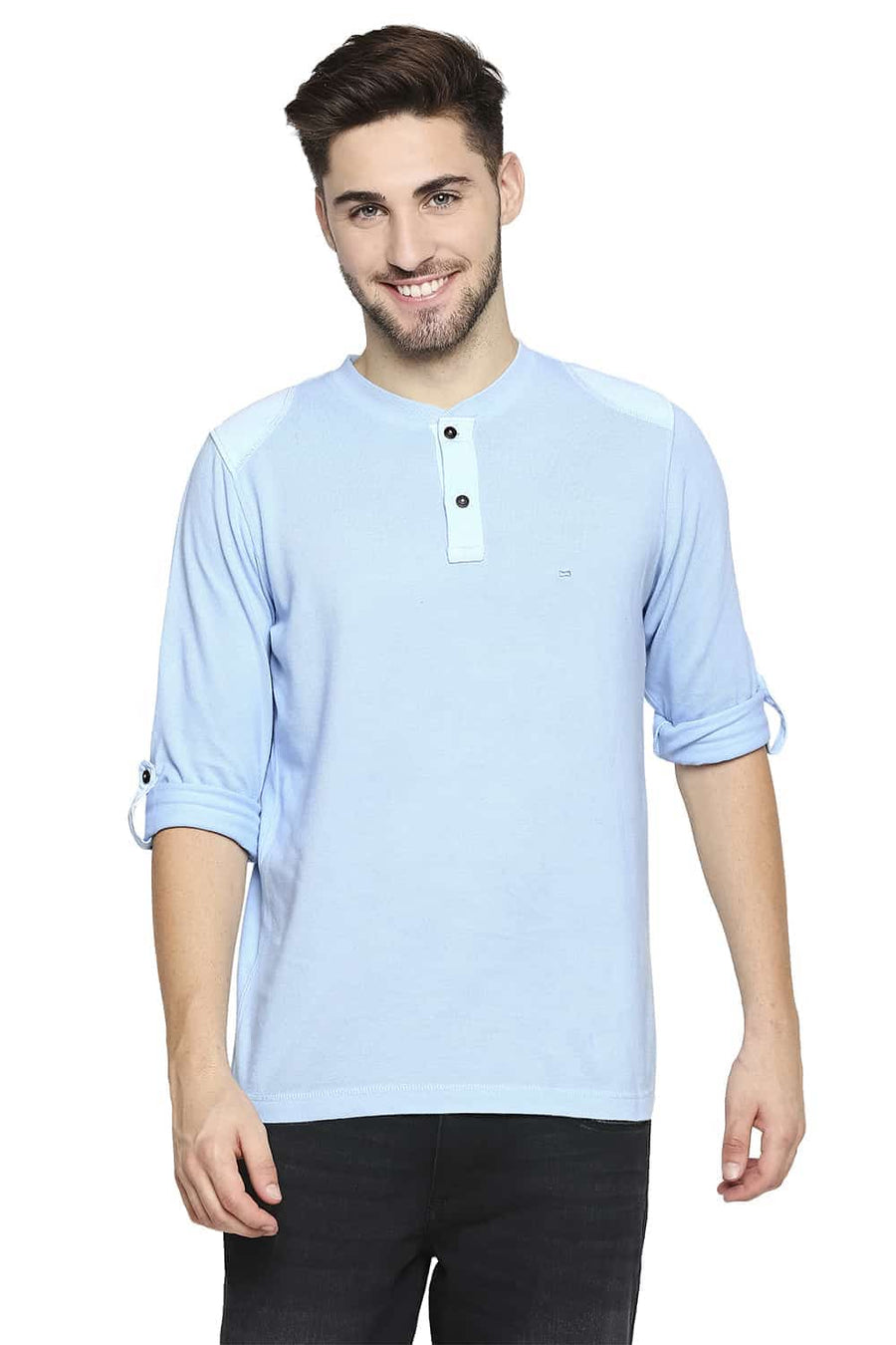 BASICS MUSCLE FIT PLACED BLUE HENLEY T-SHIRT