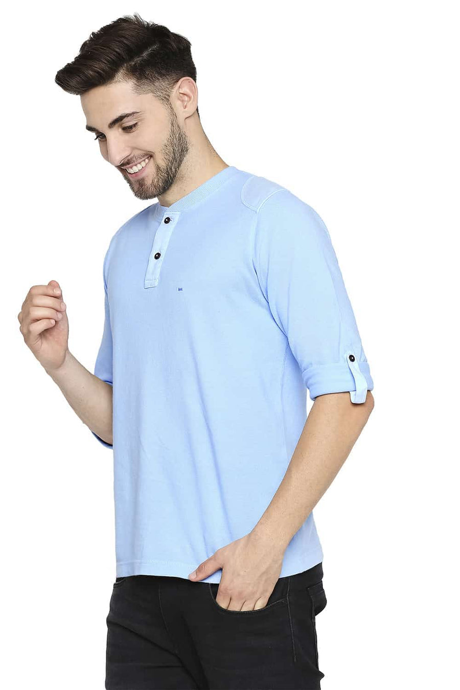 BASICS MUSCLE FIT PLACED BLUE HENLEY T-SHIRT