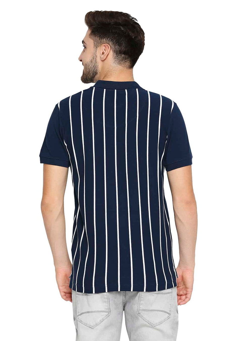 BASICS MUSCLE FIT DRESS BLUES ENGINEERED STRIPE POLO T-SHIRT