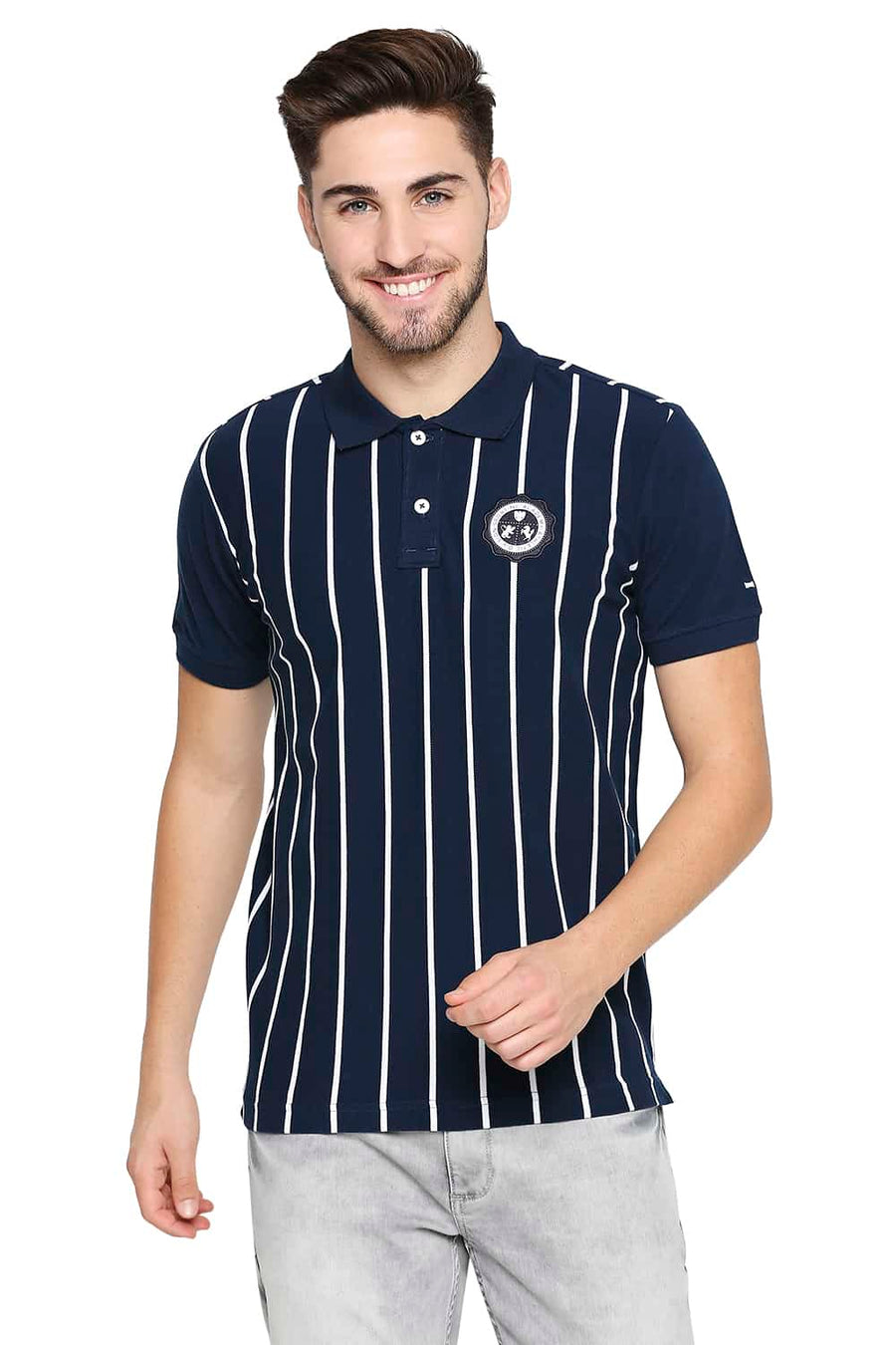 BASICS MUSCLE FIT DRESS BLUES ENGINEERED STRIPE POLO T-SHIRT