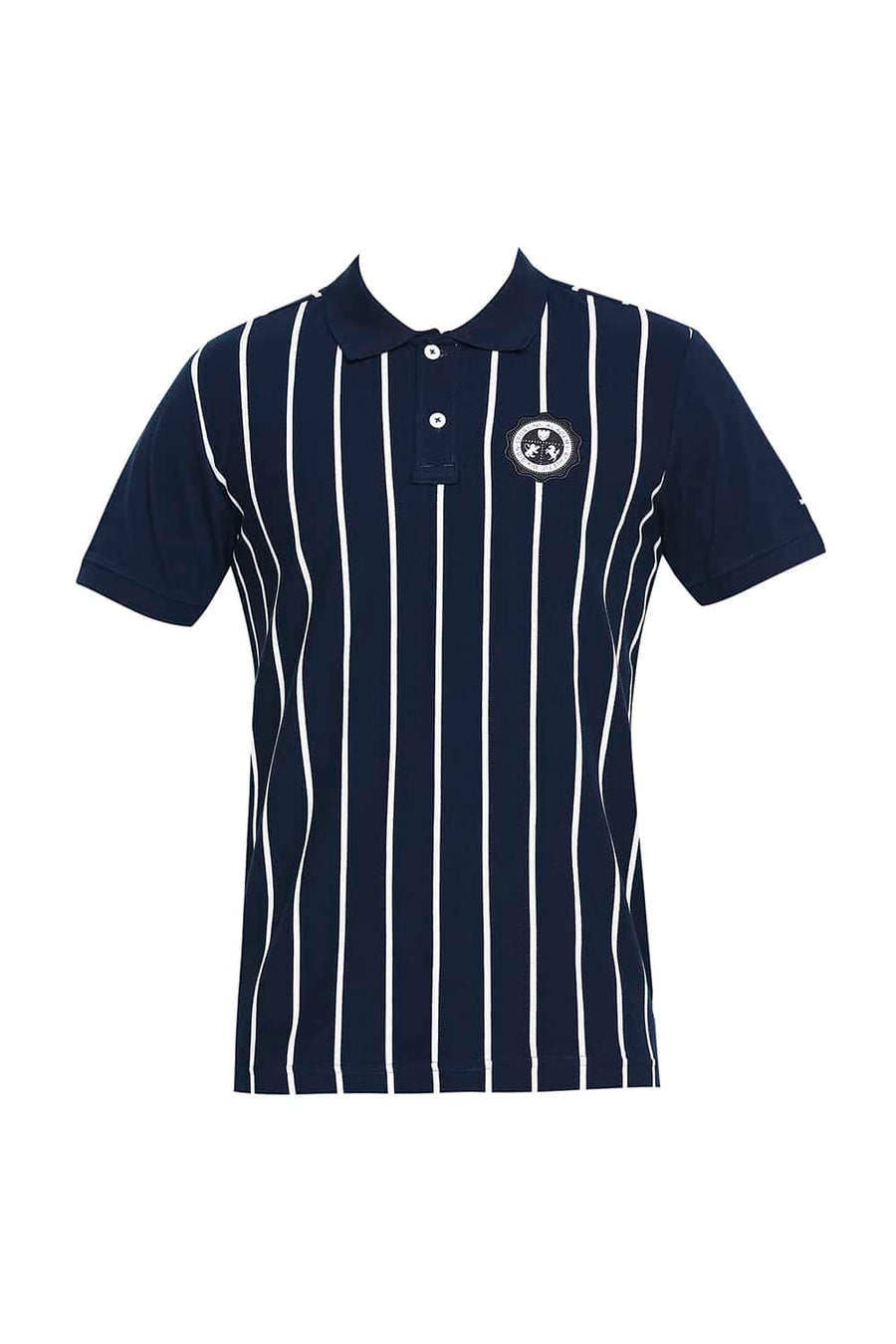 BASICS MUSCLE FIT DRESS BLUES ENGINEERED STRIPE POLO T-SHIRT