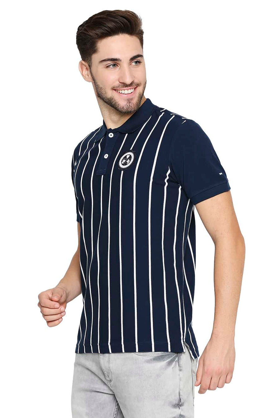 BASICS MUSCLE FIT DRESS BLUES ENGINEERED STRIPE POLO T-SHIRT