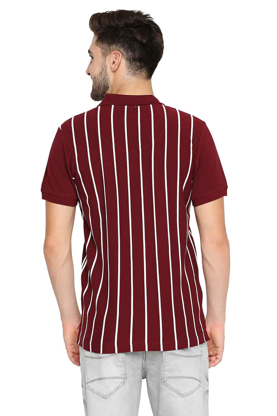 BASICS MUSCLE FIT TAWNY PORT WINE ENGINEERED STRIPE POLO T-SHIRT
