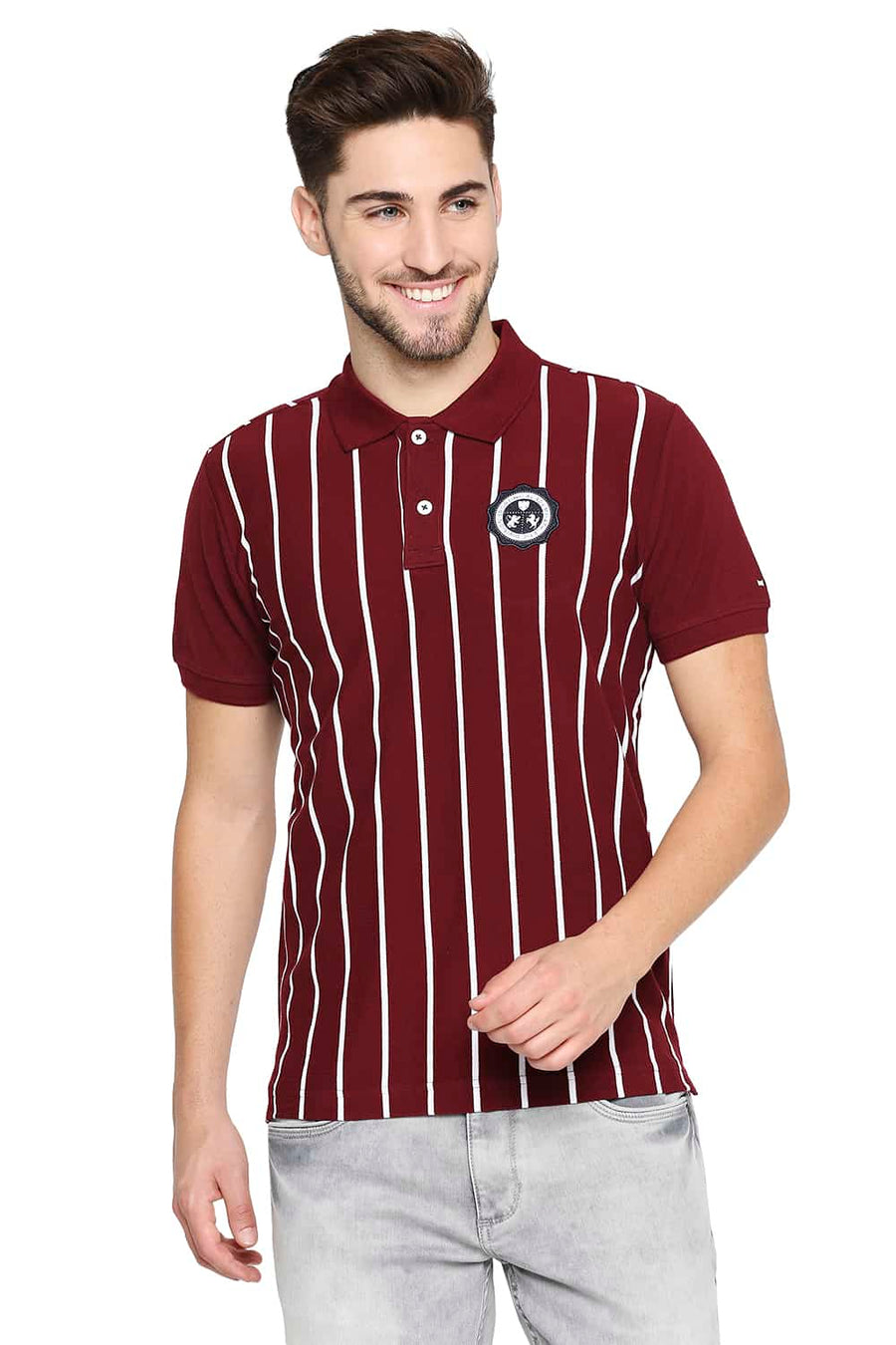 BASICS MUSCLE FIT TAWNY PORT WINE ENGINEERED STRIPE POLO T-SHIRT