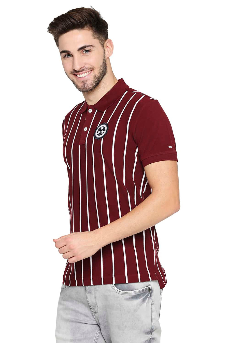 BASICS MUSCLE FIT TAWNY PORT WINE ENGINEERED STRIPE POLO T-SHIRT