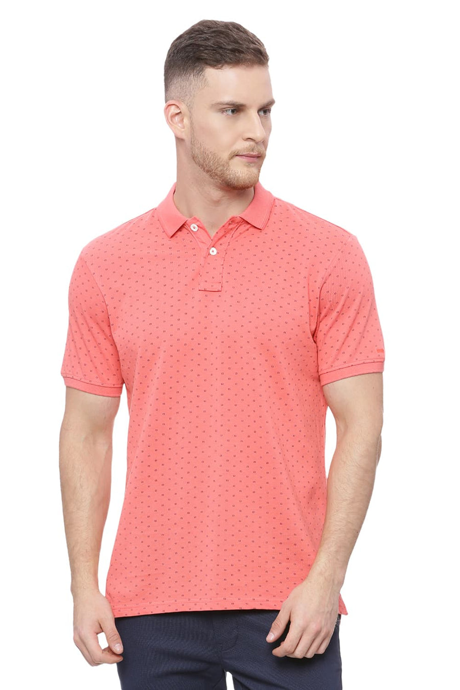 BASICS MUSCLE FIT PINK CORAL PRINTED POLO T SHIRT