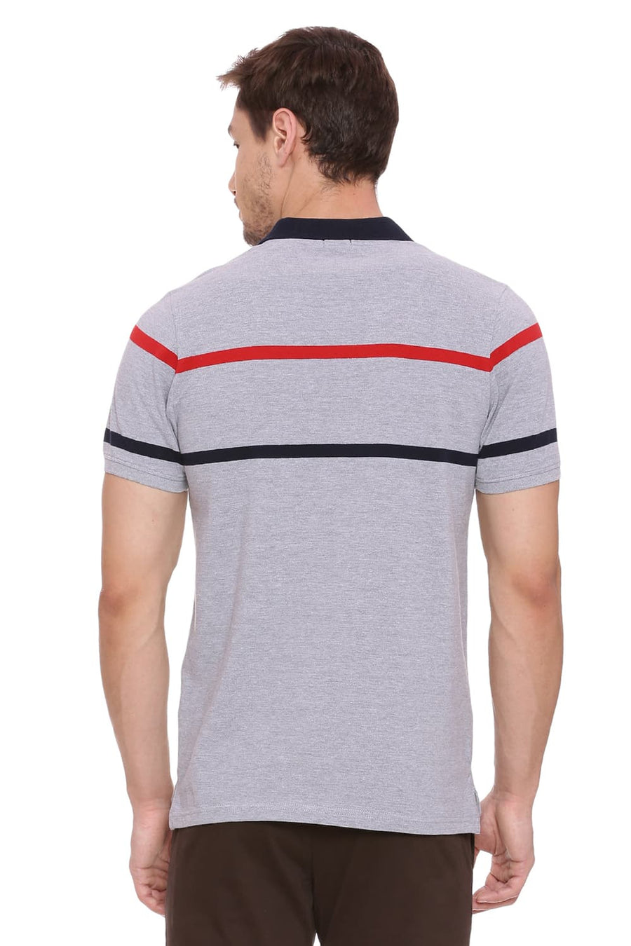 BASICS MUSCLE FIT HEATHER GREY STRIPED POLO T SHIRT