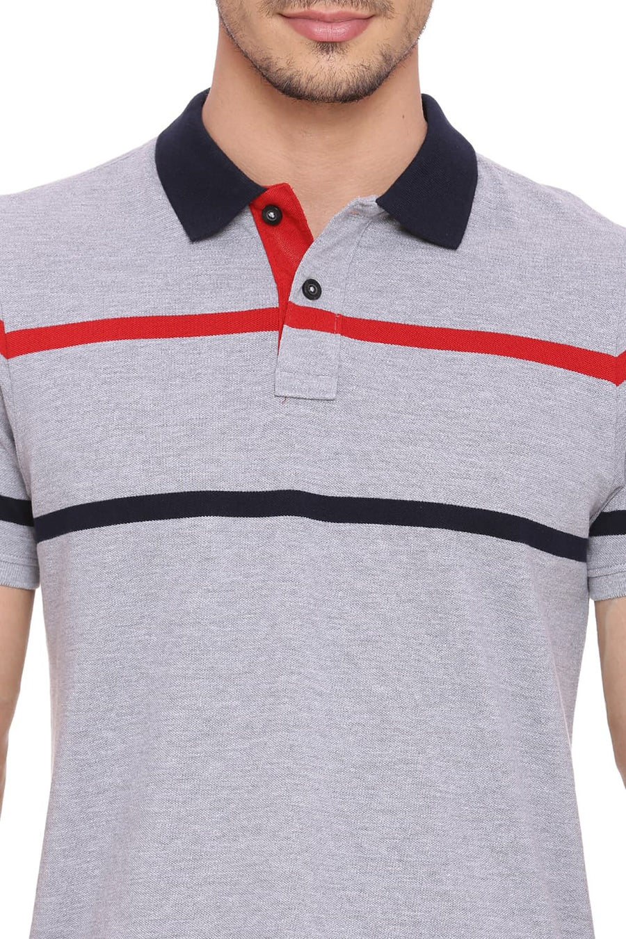 BASICS MUSCLE FIT HEATHER GREY STRIPED POLO T SHIRT