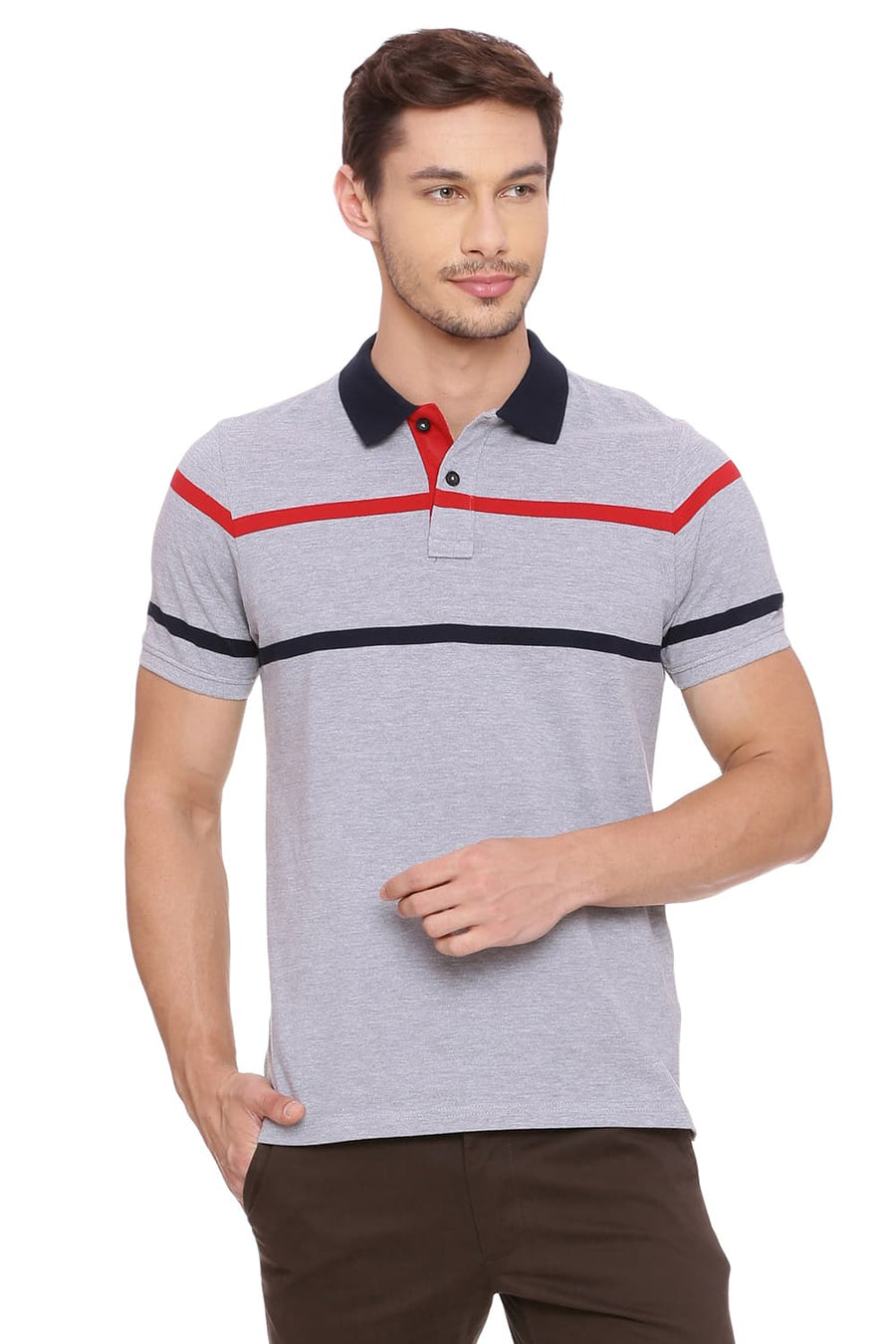 BASICS MUSCLE FIT HEATHER GREY STRIPED POLO T SHIRT