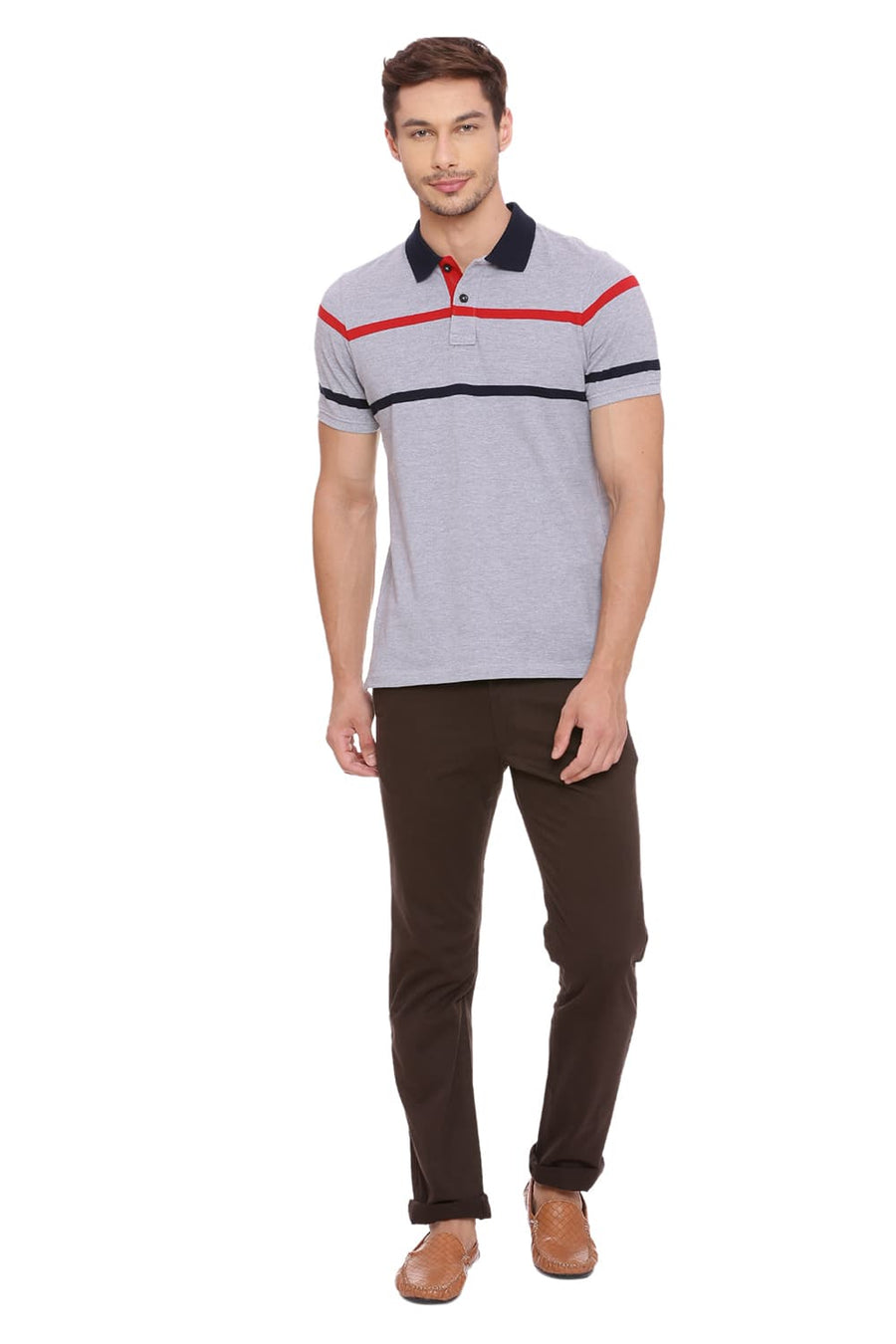 BASICS MUSCLE FIT HEATHER GREY STRIPED POLO T SHIRT