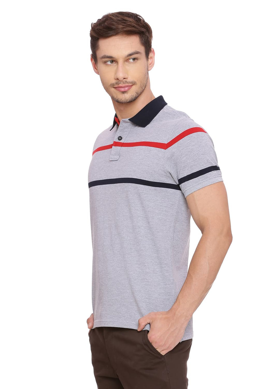BASICS MUSCLE FIT HEATHER GREY STRIPED POLO T SHIRT