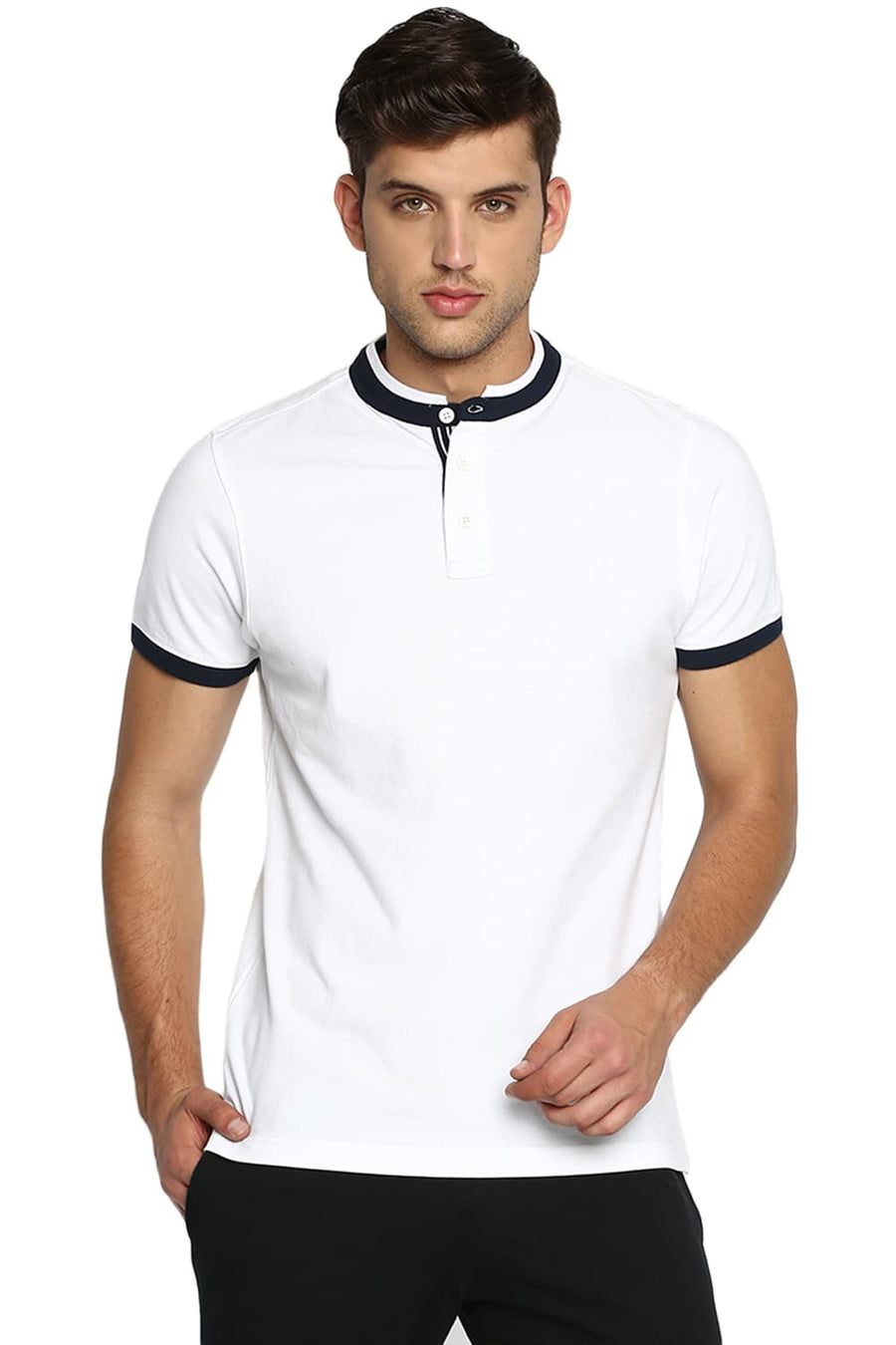 BASICS MUSCLE FIT BRIGHT WHITE STAND UP COLLAR POLO T SHIRT
