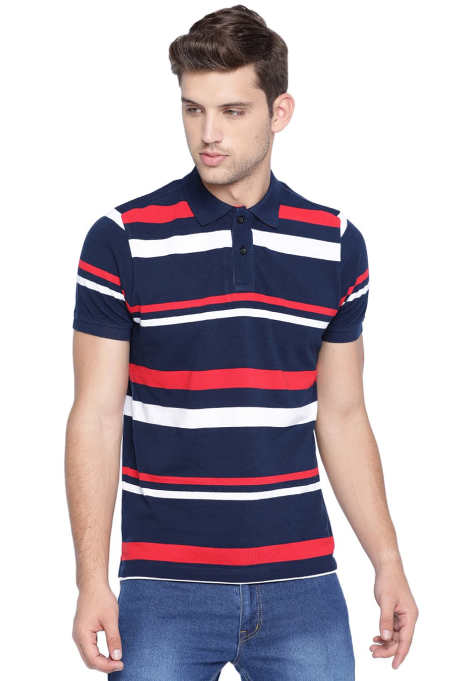 BASICS MUSCLE FIT IRIS NAVY POLO T SHIRT