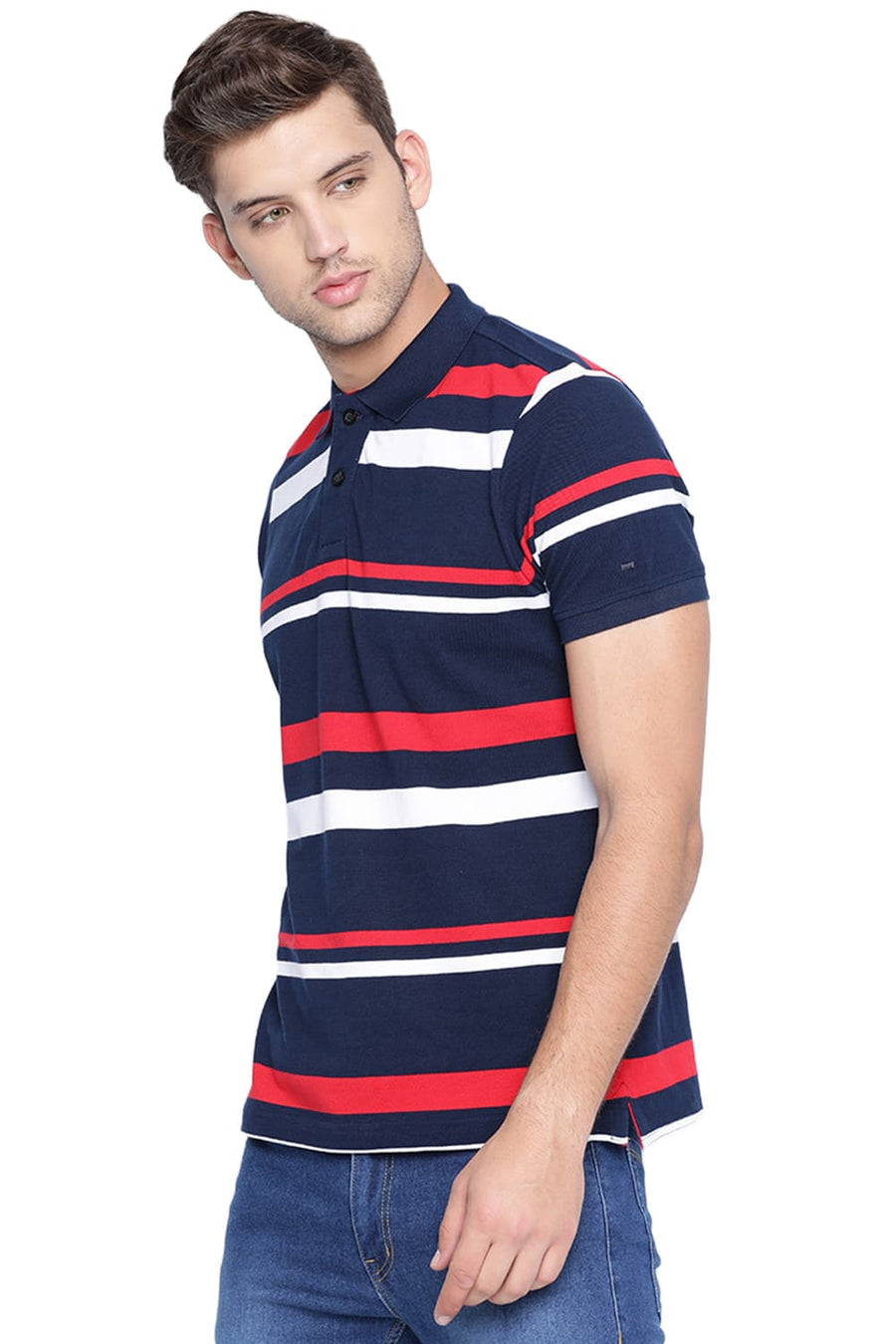 BASICS MUSCLE FIT IRIS NAVY POLO T SHIRT