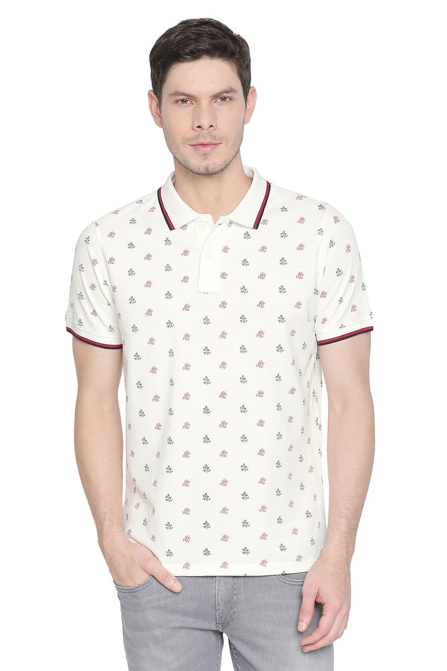 BASICS MUSCLE FIT CANNOLI CREAM PRINTED POLO T SHIRT