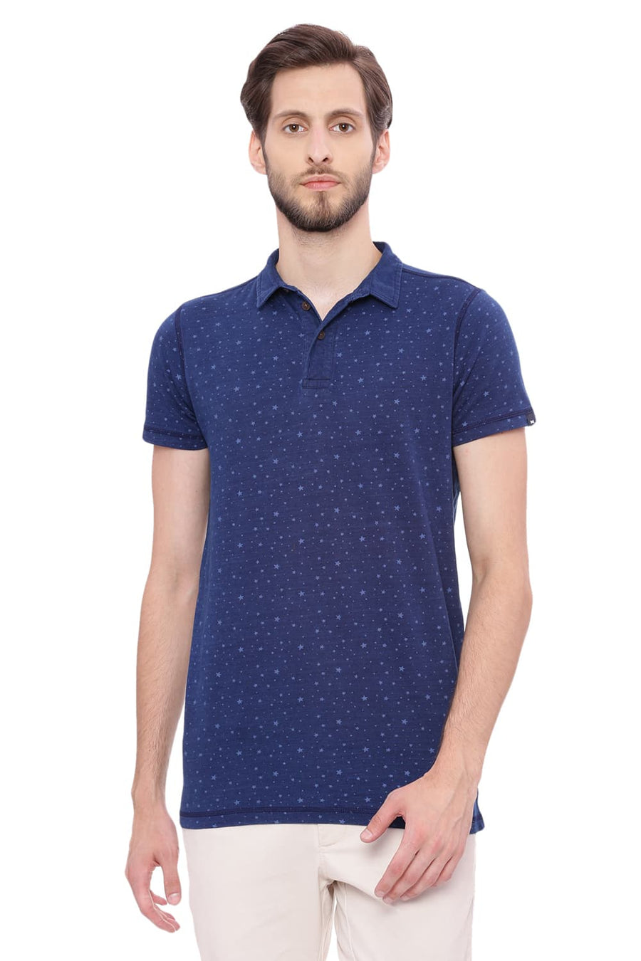 BASICS MUSCLE FIT INDIGO DENIM POLO T SHIRT