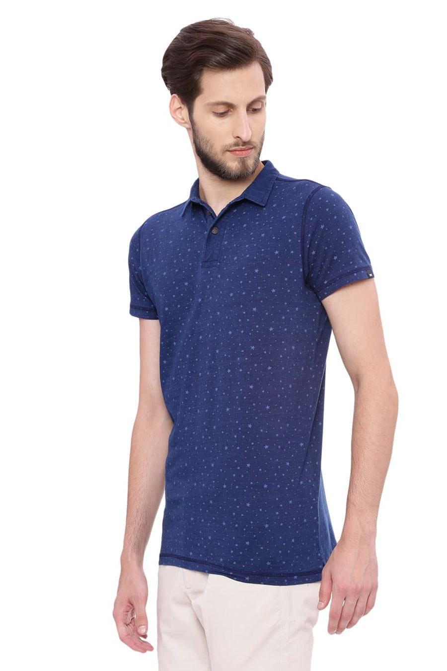 BASICS MUSCLE FIT INDIGO DENIM POLO T SHIRT