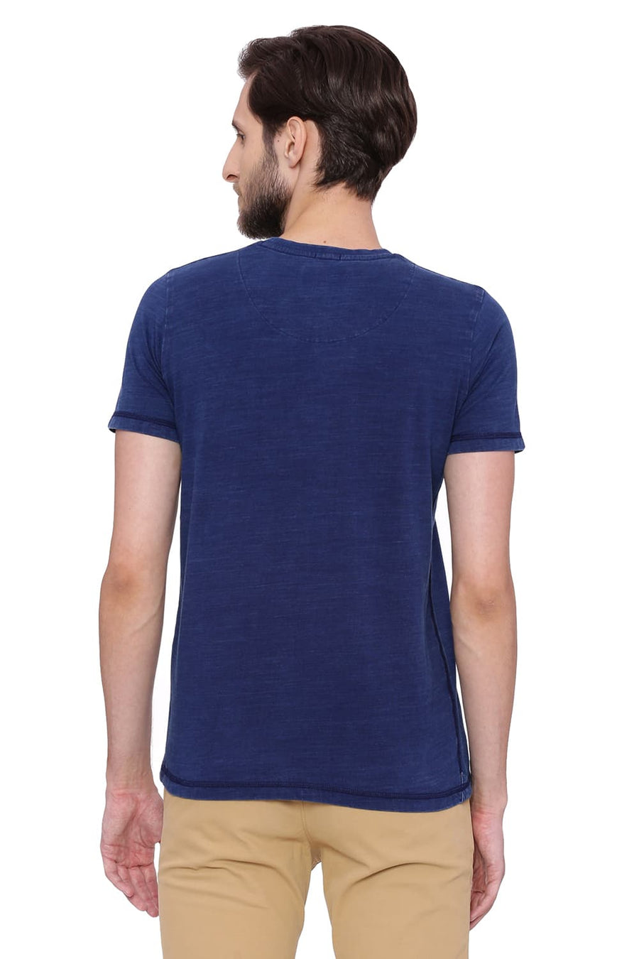 BASICS MUSCLE FIT INDIGO DENIM CREW NECK T SHIRT