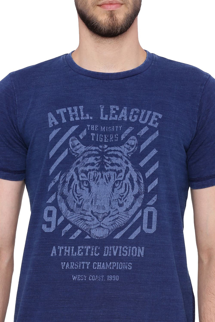 BASICS MUSCLE FIT INDIGO DENIM CREW NECK T SHIRT
