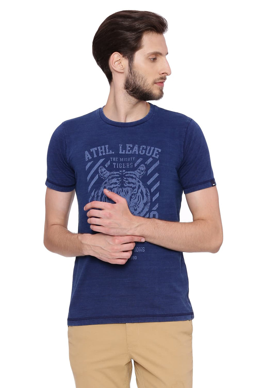 BASICS MUSCLE FIT INDIGO DENIM CREW NECK T SHIRT