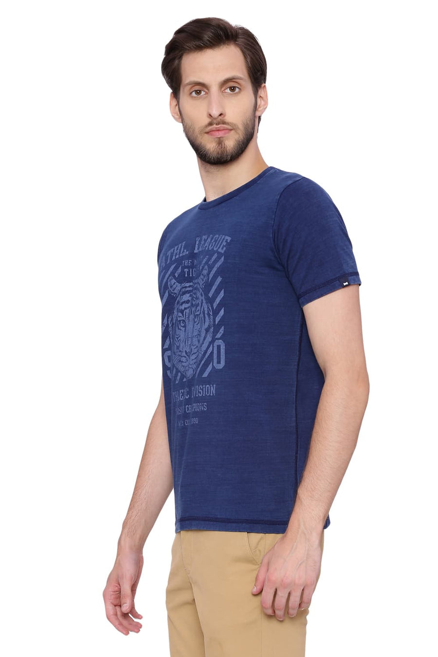 BASICS MUSCLE FIT INDIGO DENIM CREW NECK T SHIRT