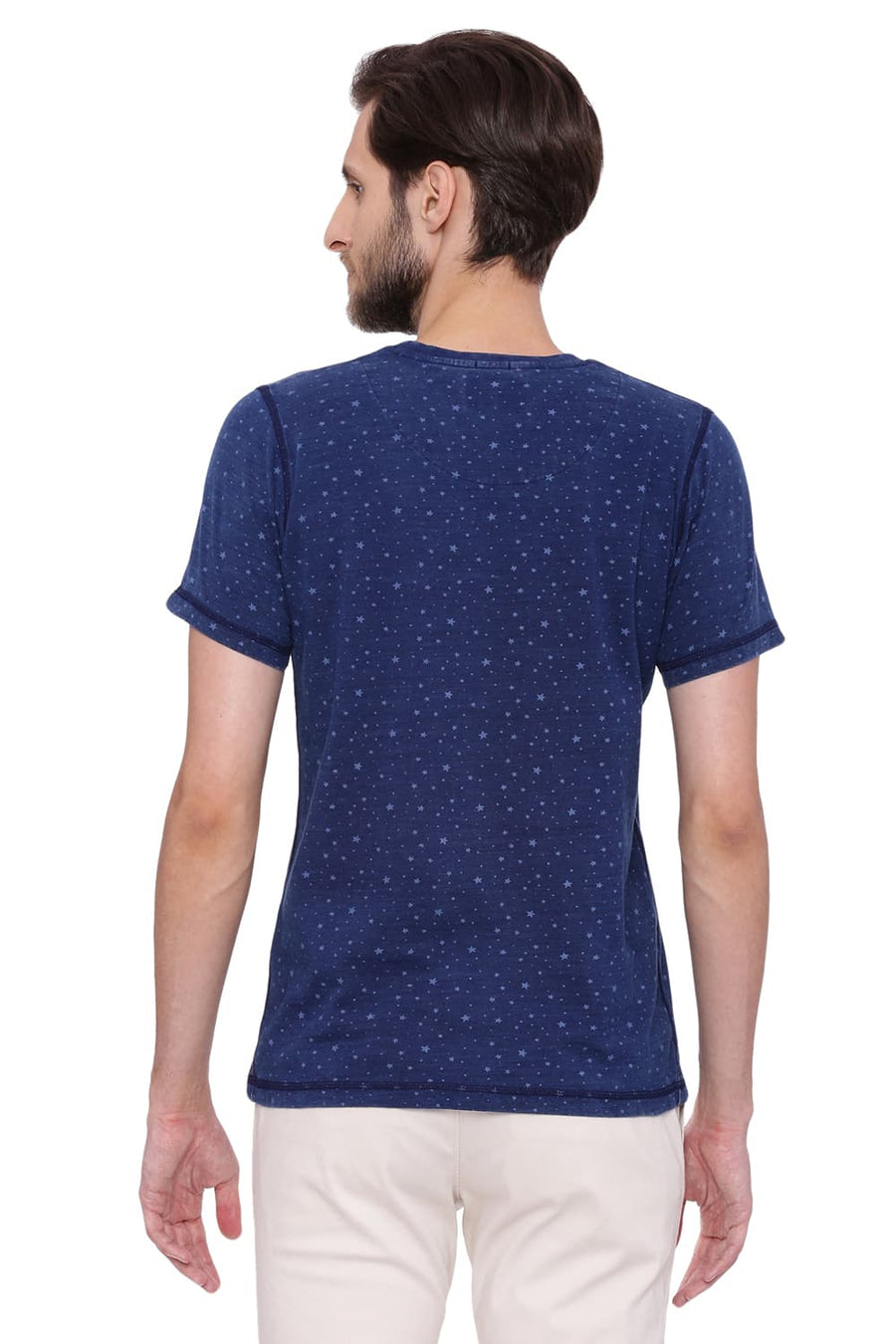 BASICS MUSCLE FIT INDIGO DENIM CREW NECK PRINTED T SHIRT