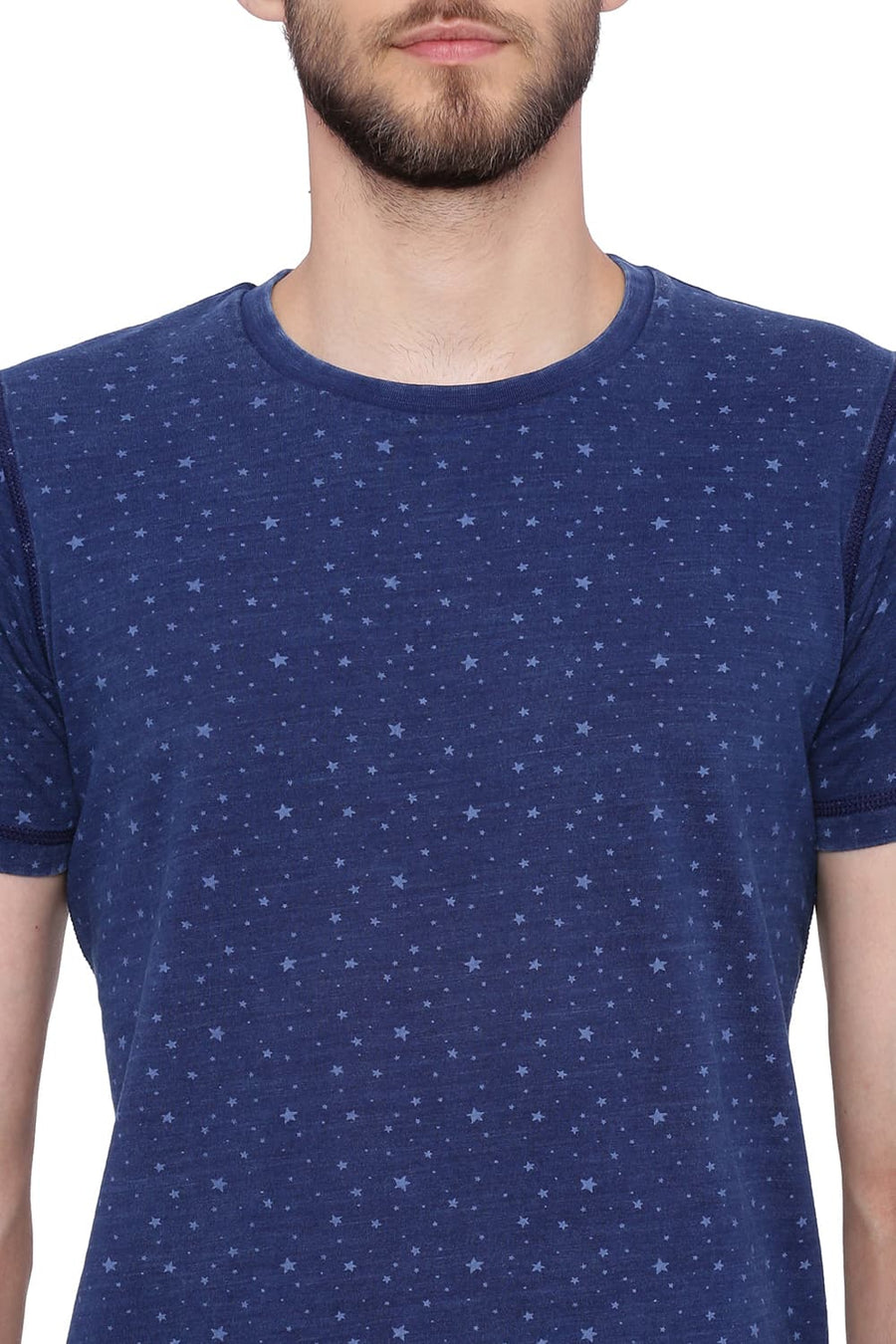BASICS MUSCLE FIT INDIGO DENIM CREW NECK PRINTED T SHIRT