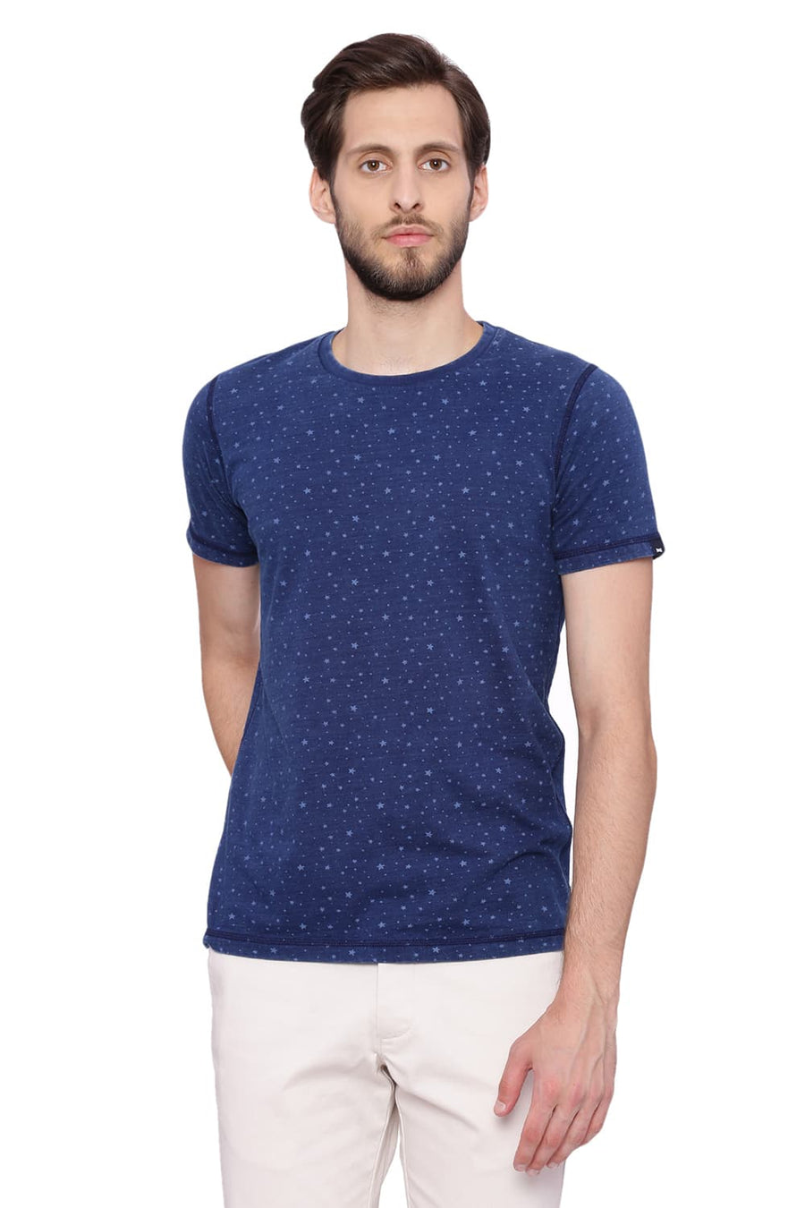 BASICS MUSCLE FIT INDIGO DENIM CREW NECK PRINTED T SHIRT