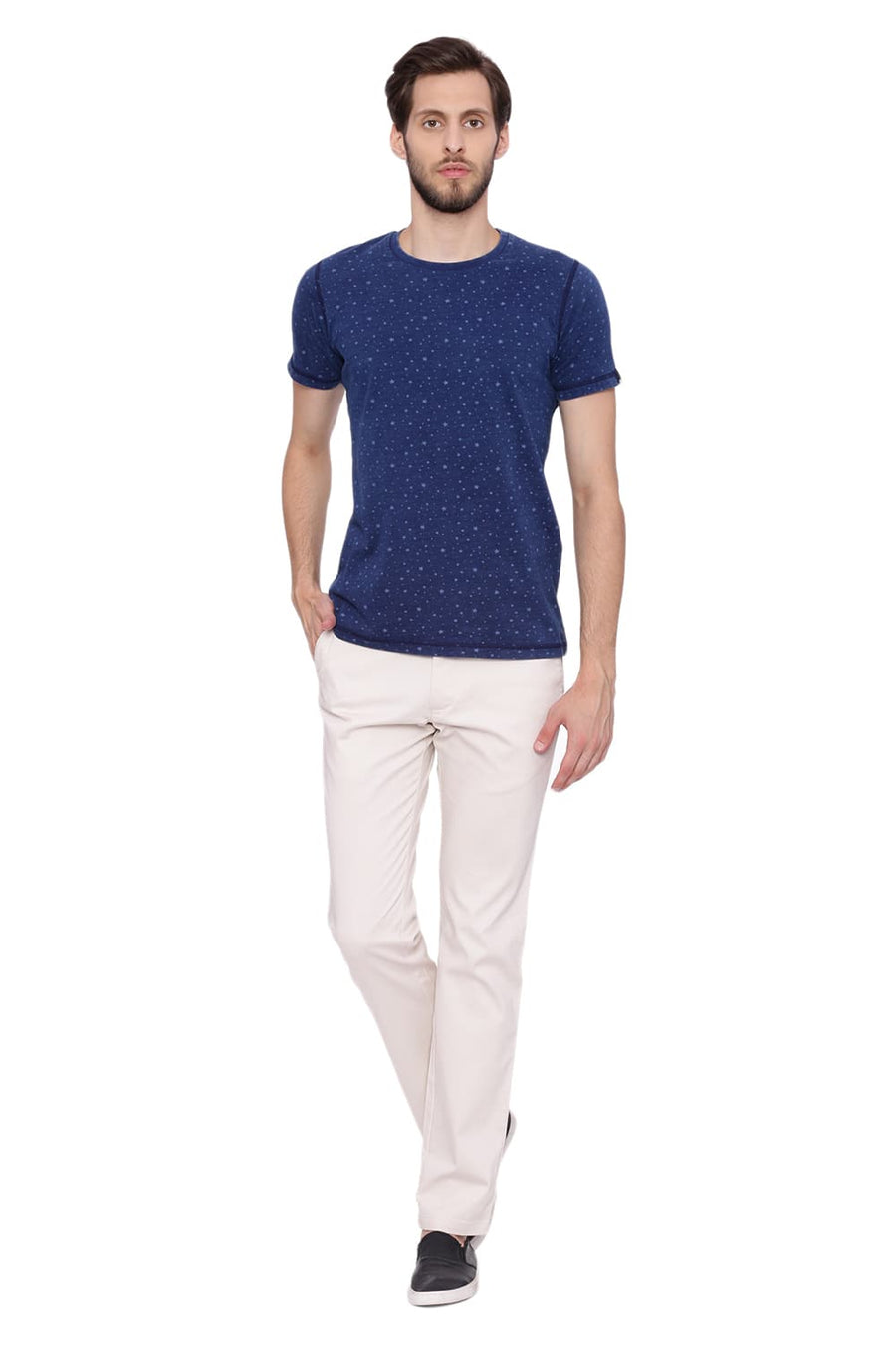BASICS MUSCLE FIT INDIGO DENIM CREW NECK PRINTED T SHIRT