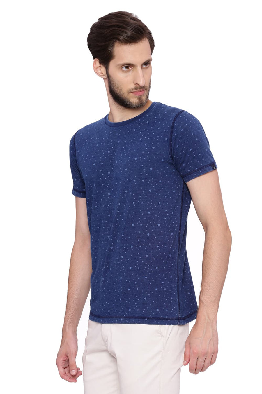 BASICS MUSCLE FIT INDIGO DENIM CREW NECK PRINTED T SHIRT