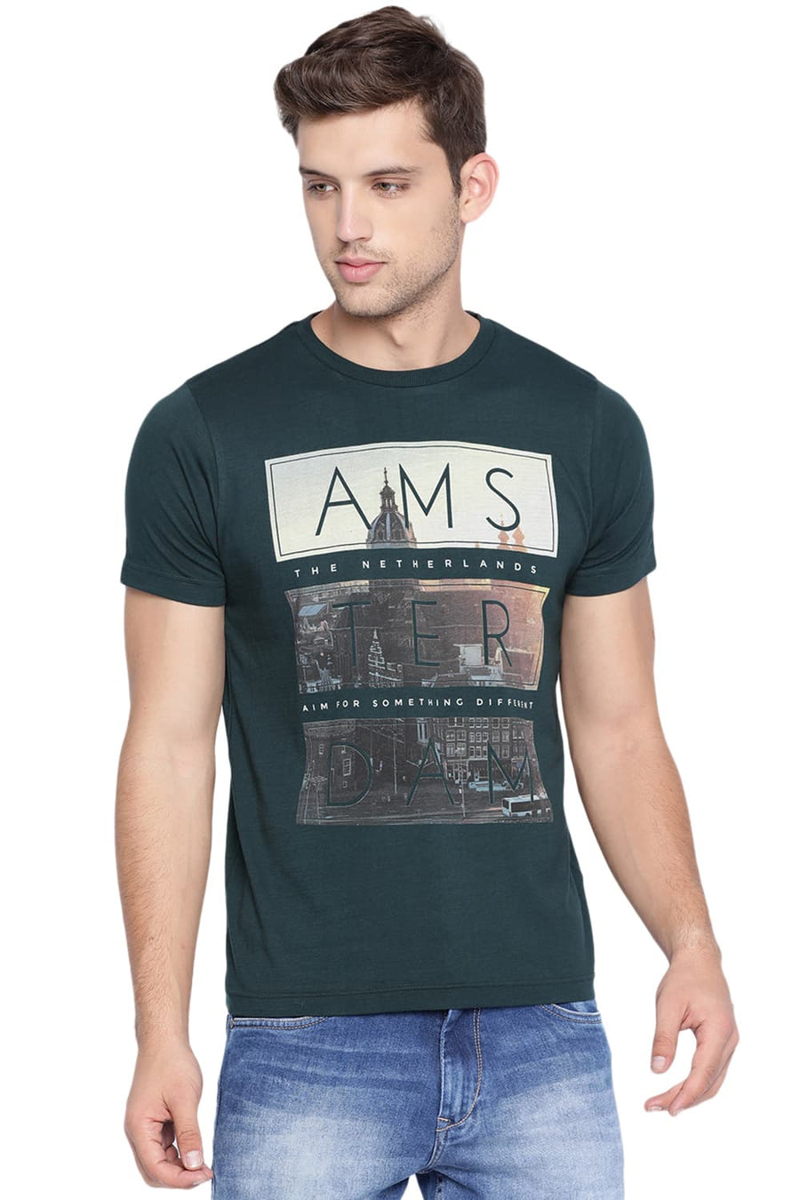 BASICS MUSCLE FIT UNI GREEN CREW NECK T SHIRT