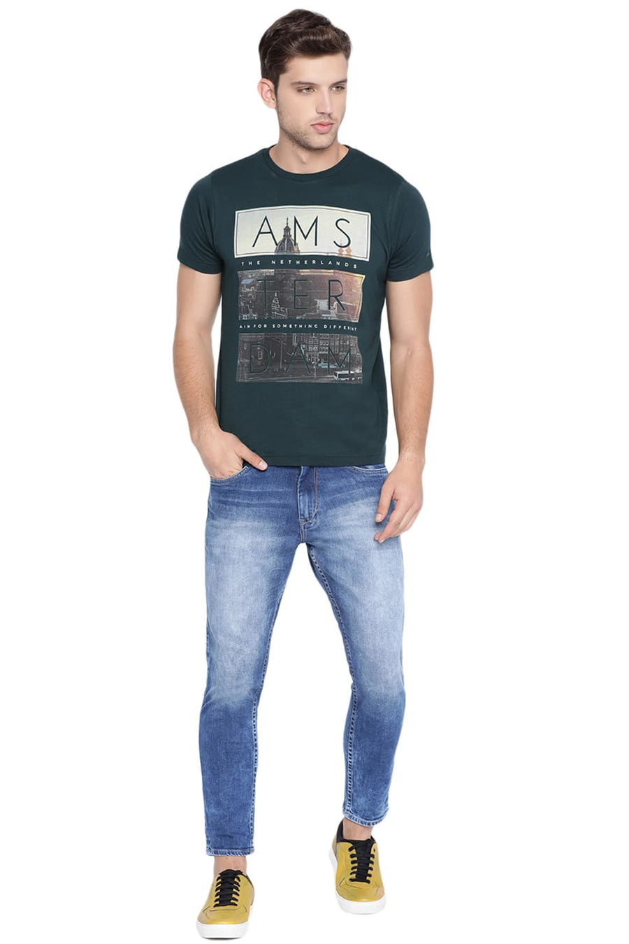 BASICS MUSCLE FIT UNI GREEN CREW NECK T SHIRT