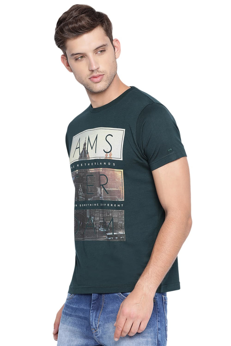 BASICS MUSCLE FIT UNI GREEN CREW NECK T SHIRT