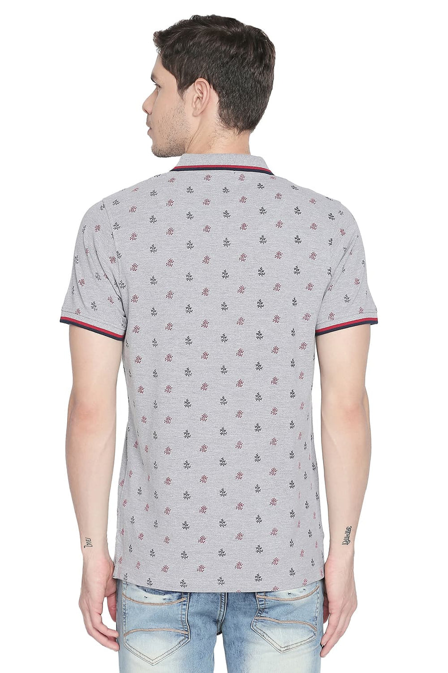 BASICS MUSCLE FIT HEATHER GREY PRINTED POLO T SHIRT